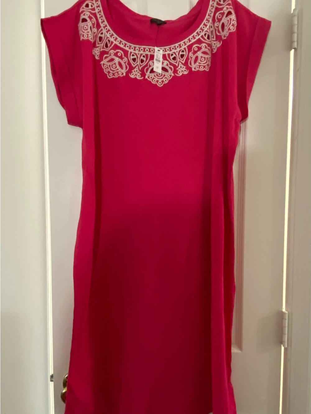 Talbots Hot Pink Shift Dress with White Embroidered Neckline